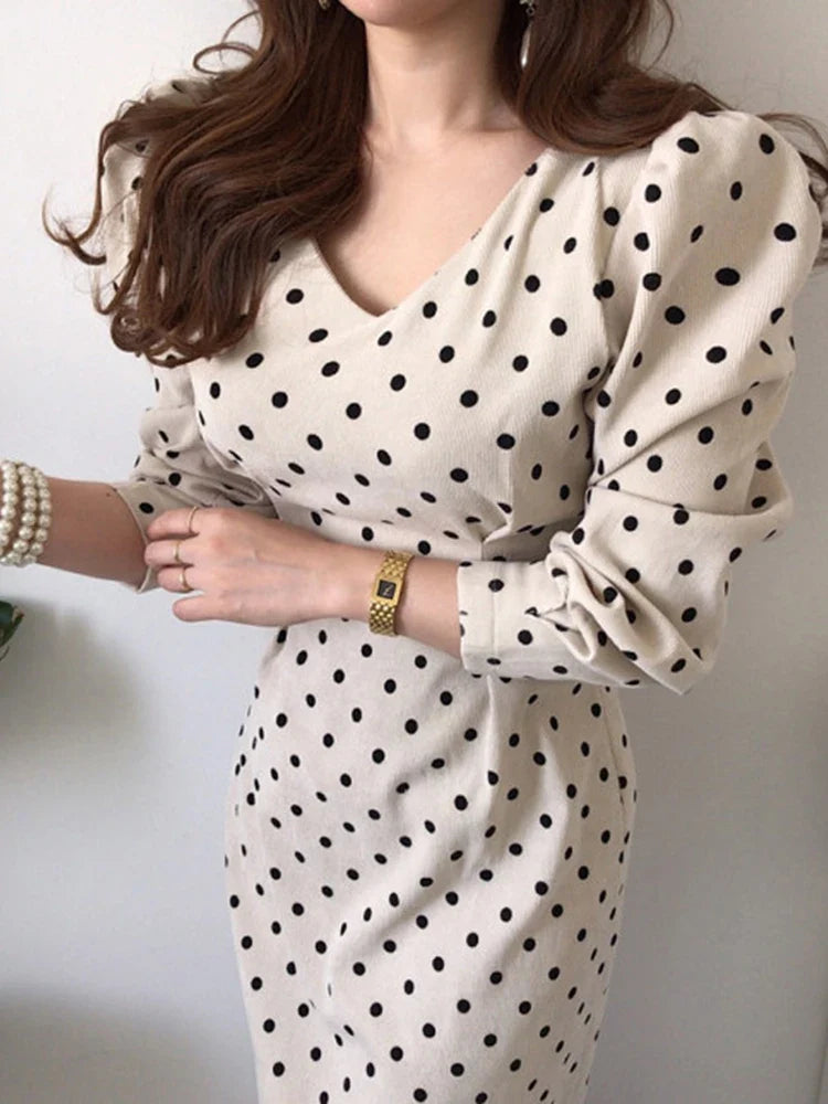 maoxiangshop Corduroy Women Autumn Mid-calf Dress Print Dot Tunic Bow Slim Pencil Dress Casual V Neck High Waist Elegant Party Vestidos