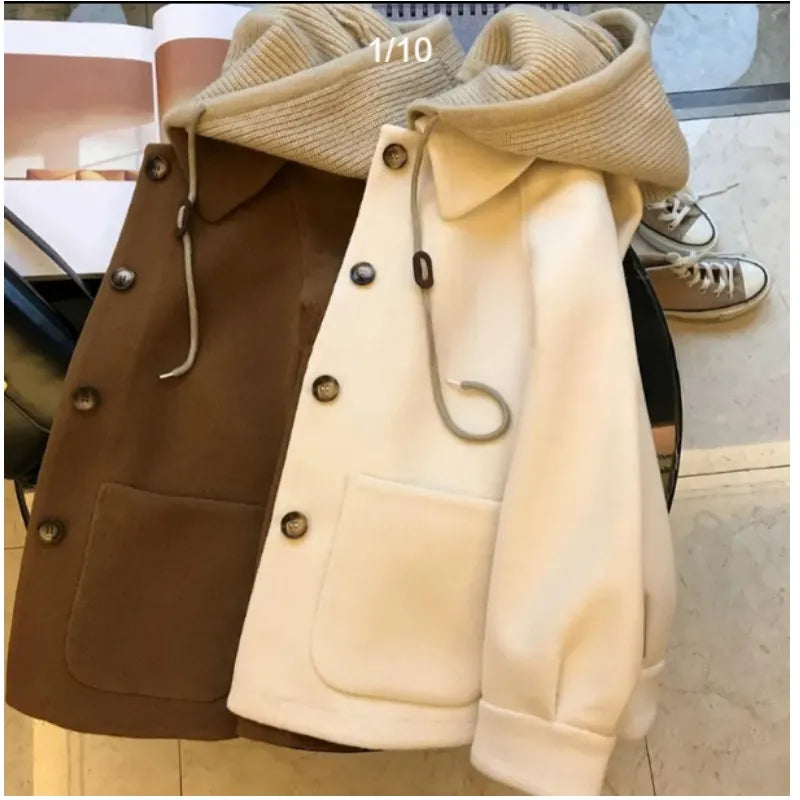 maoxiangshop Women's Spliced Knitted Hooded Coat Korean Drama Female Lead Stitching Coat Oversize 150KG Ins Streetwear Hooded Women Clothing