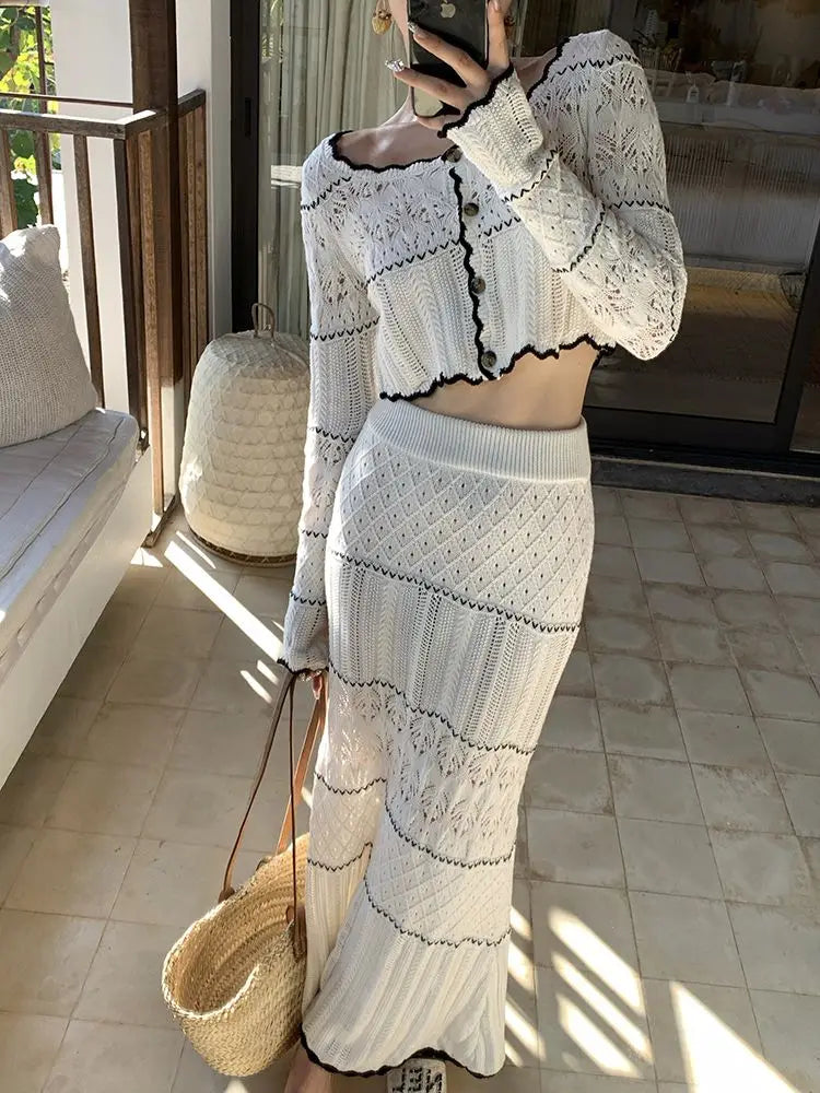 maoxiangshop - Sweet Hot Girl Suit Women's Autumn Slim O-Neck Knitted Cardigan High Waist Long Skirt Two-piece Set Fashion Female Clothes