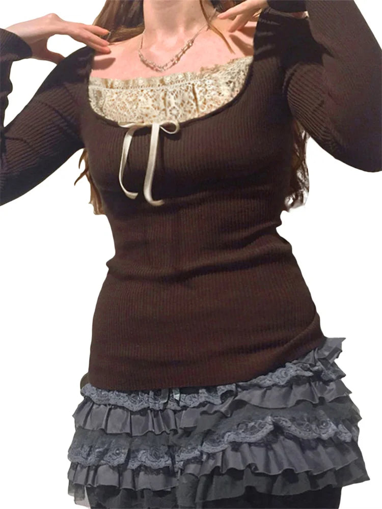 maoxiangshop Y2k Women's Long Sleeve Knitted Tops Lace Stitching Neckline Knitwear Bowknot Decoration Slim-Fit Tshirt Pullovers Clubwear