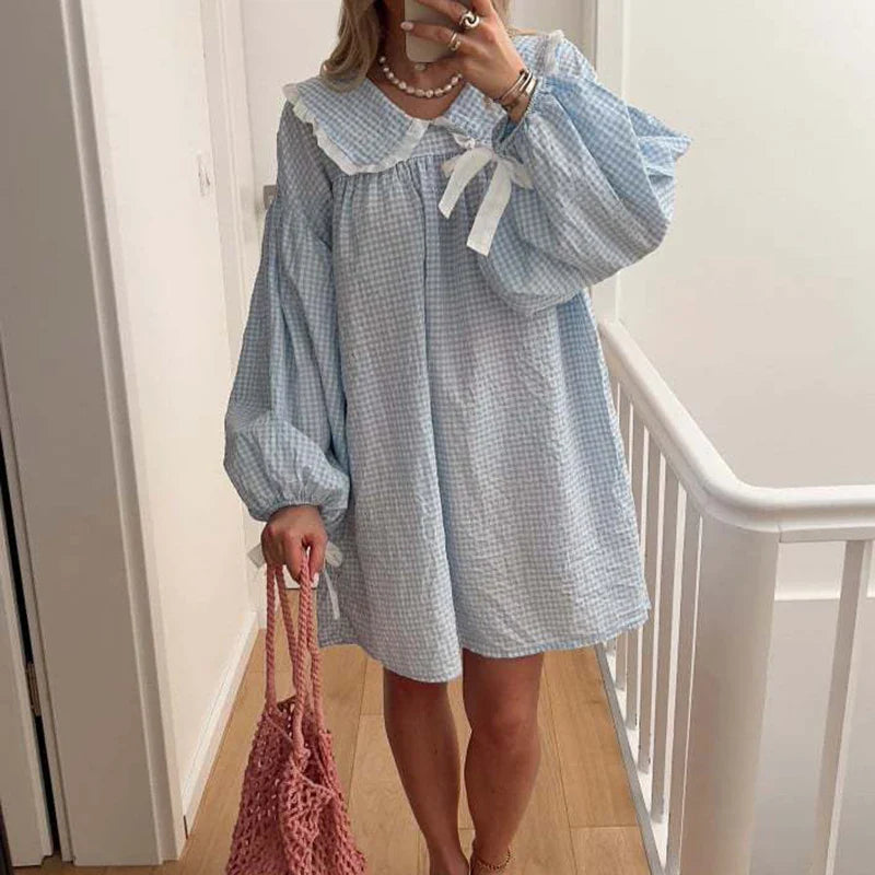 maoxiangshop - Sweet Stitching Plaid Party French Dress 2024 Autumn Long Sleeve Lapel Collar Mini Dress Women Elegant Swing High Street Dress