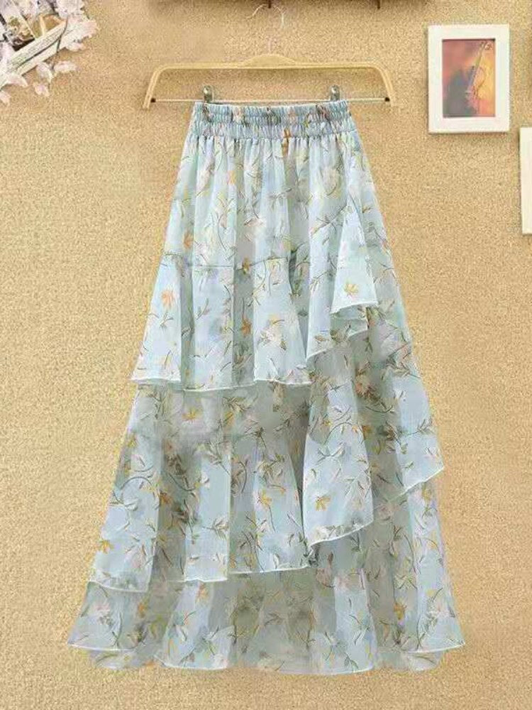 maoxiangshop New Temperament Skirt Summer Floral Irregular Ruffle All-match A-line Skirt Breathable Fairy Cake Skirt Fashion Party