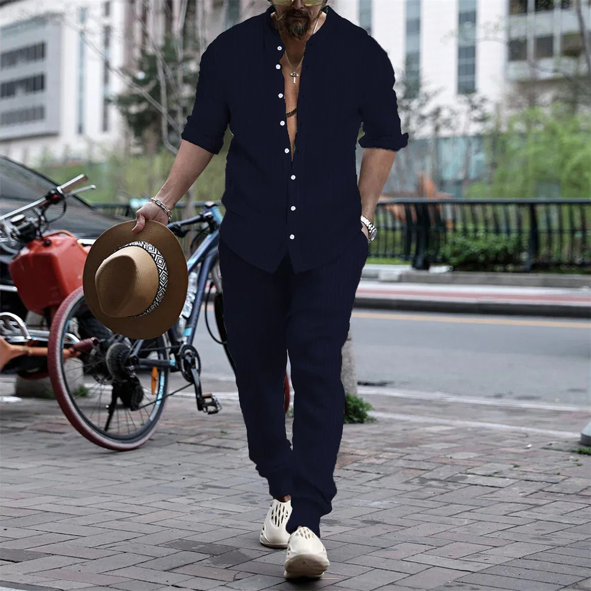 maoxiangshop Autumn Casual Simple Style Mens Sets Long-shirts Long Pants Solid All-match Henry Collar Striped Two-piece Sets S-3XL