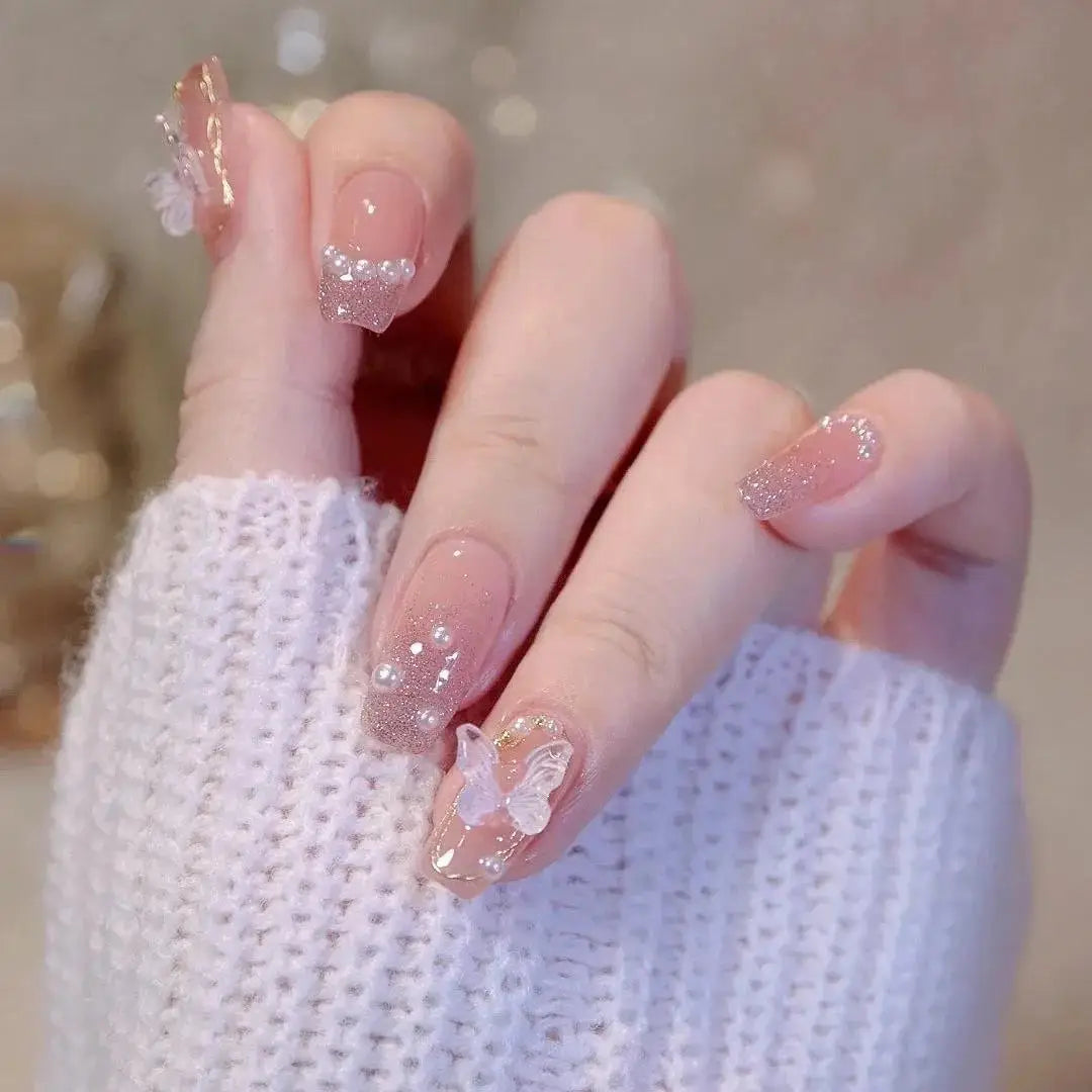 maoxiangshop 24pcs Wearable Pink Press On Fake Nails Tips With Glue false nails design Butterfly Lovely Girl false nails With Wearing Tools