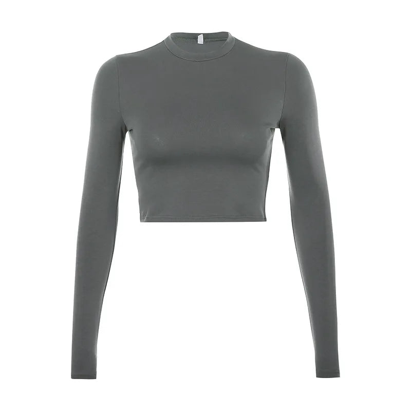 maoxiangshopSolid Basic Long Sleeve Womens Tshirt Casual Black White Fashion Crop Top T Shirt Ladies Fashion Korean Tee Shirt