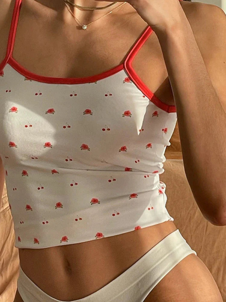 maoxiangshop - Cherry Flower Print White Camisole Y2k Cute Core Girls Summer Clothes Tie Back Sexy Crop Top Women