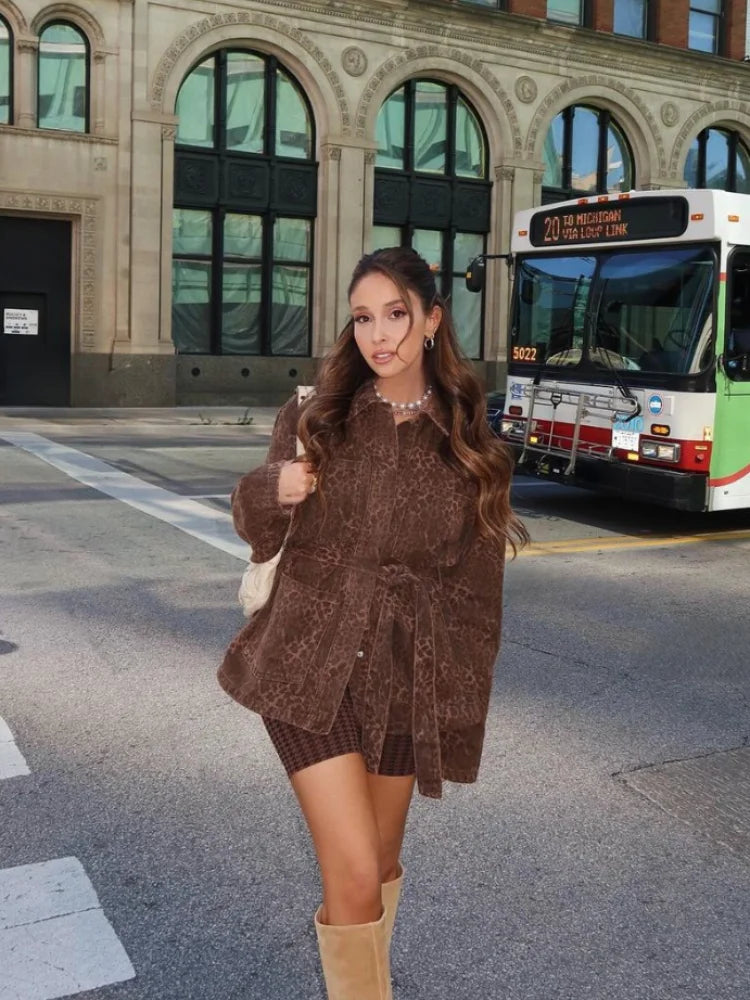 maoxiangshop - Leopard Jacket Women Lace up Lapel Autumn Coffee Print Women's Shirts Pockets Loose Casual Outerwears Female High Street Hipster