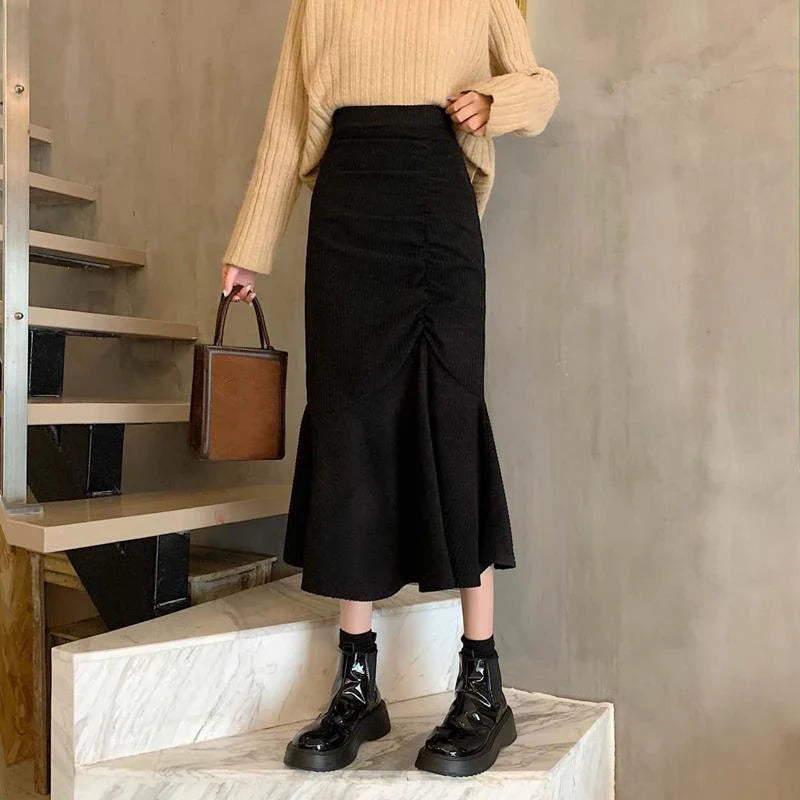 maoxiangshop Fashion High Waist Midi Skirts for Women Spring Slim Fit Hip Mermaid Skirt Woman Korean Ruffles Brown Skirts 2XL
