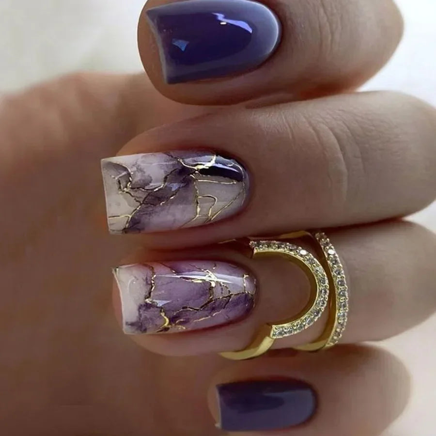 maoxiangshop 24Pcs Purple False Nails Glitter Coffin with French Design Wearable Fake Nails Leaves Simple Full Cover Press on Nails Tips Art