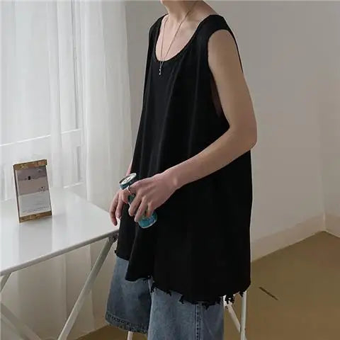 maoxiangshop Hip Hop Streetwear Men Retro Old Vest Harajuku Multicolors Oversized Tank Tops Summer Sleeveless T-shirt Solid Color Tees