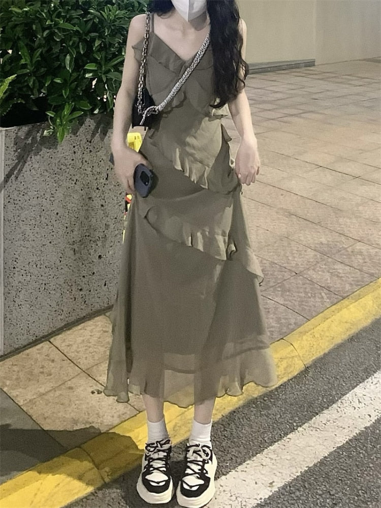maoxiangshop Dresses Women Ruffles Design Daily Pure Sexy Spaghetti Strap Elegant Casual Korean Style Retro Summer Ladies Midi Vestidos Chic