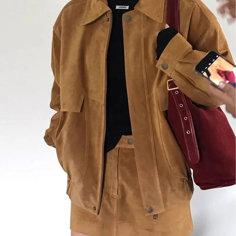 maoxiangshop - Autumn Vintage 2 Piece Sets Laple Neck Long Sleeve Zipper Women Baseball Jacket High Waist A-line Skirts Casual 2 Piece Outfits