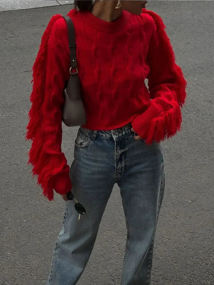 maoxiangshop - Luxury Red O-neck Knitted Pullover Women Chic Tassels Spliced Long Sleeves Cropped Sweater 2024 Autumn Lady Street Knitwear 