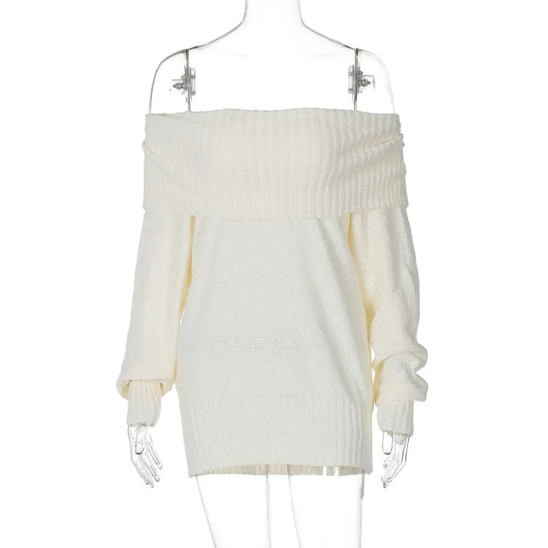 maoxiangshop - One Shoulder Knitted Sweater Women's Sexy Slim Long Sleeve Solid Pullover Top Loose Casual Chic Autumn Street Sweater