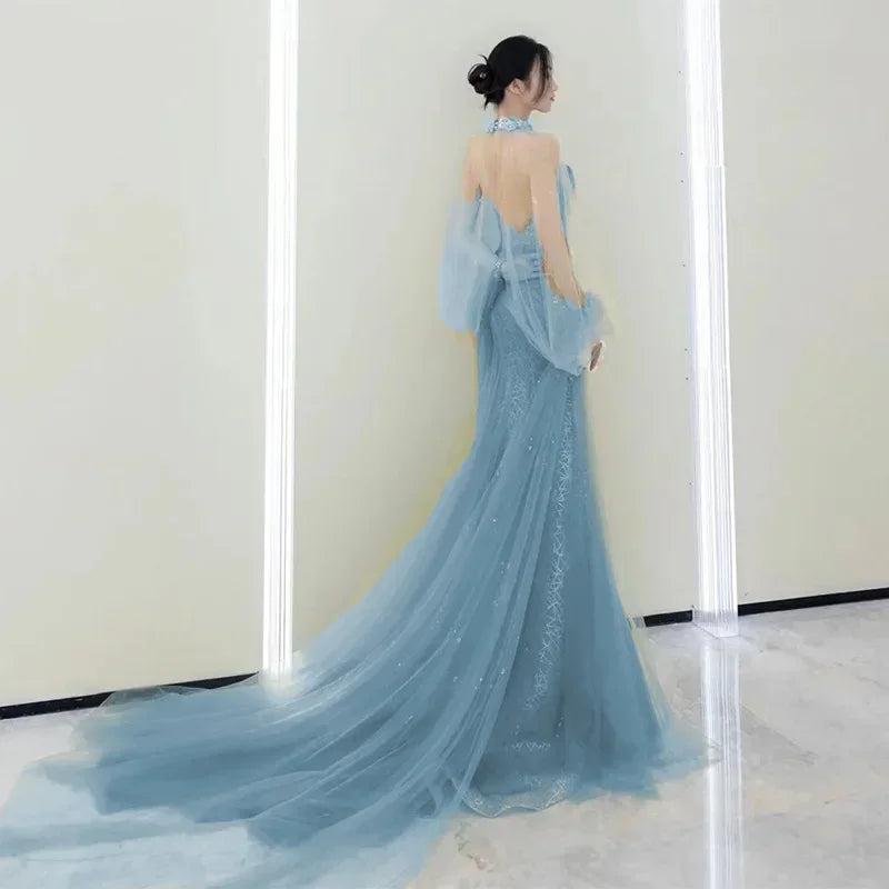 maoxiangshop Evening Party Dress Women's Sleeveless Pearl Halter Elegant Dubai Banquet Gown Elegant Ladies Prom Dresses for Women Vestidos