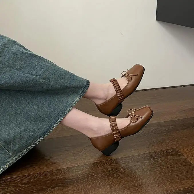 maoxiangshop - Korean Style Retro Mary Jane Shoes Square Toe Women's Shoes Bowknot PU Ballet Flats Spring/Autumn Flats Women Shoes