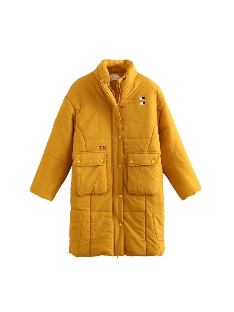 Long Parkas Jacket For Women Yellow Solid Cartoon Embridery Pocket Coat Winter Sleeve Single-breasted Warm Outwear