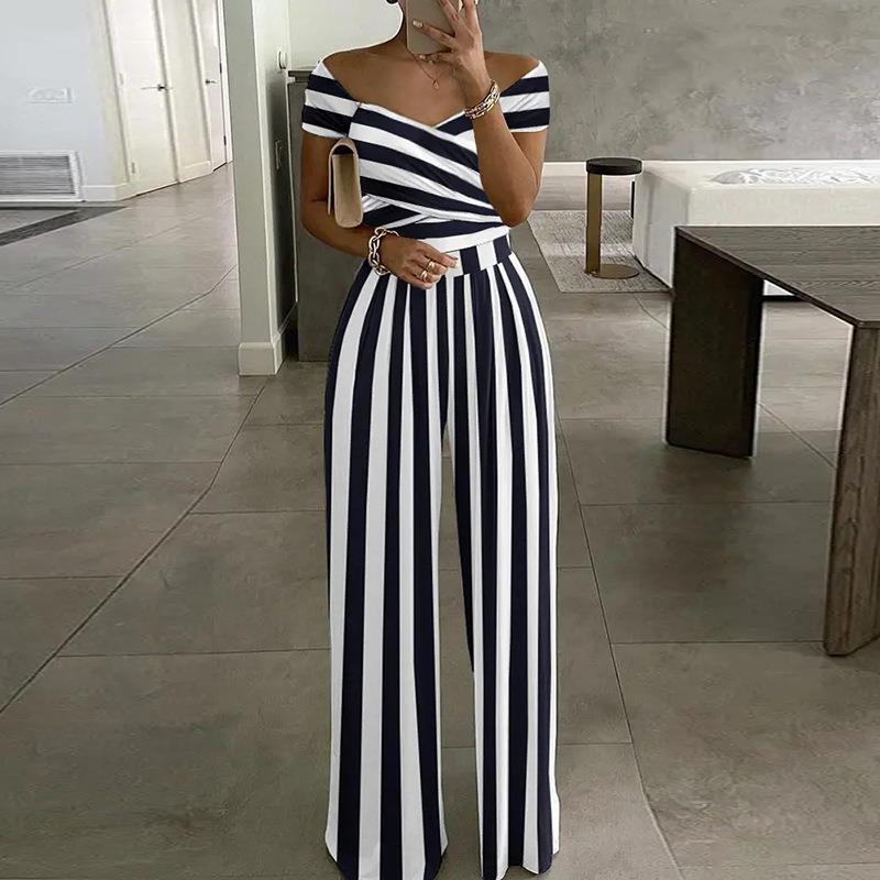 maoxiangshop Sexy Outfit Off Shoulder Print Wide Leg Jumpsuit Women Summer Casual Boho Casual High Waist Jumpsuits Clothes Overalls