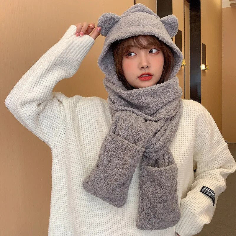 maoxiangshop Cute Bear Ear Hat Scarf Set Kawaii Women Winter Beanies Caps Warm Casual Plush Hat Casual Female Keep Wammer Anime Gift