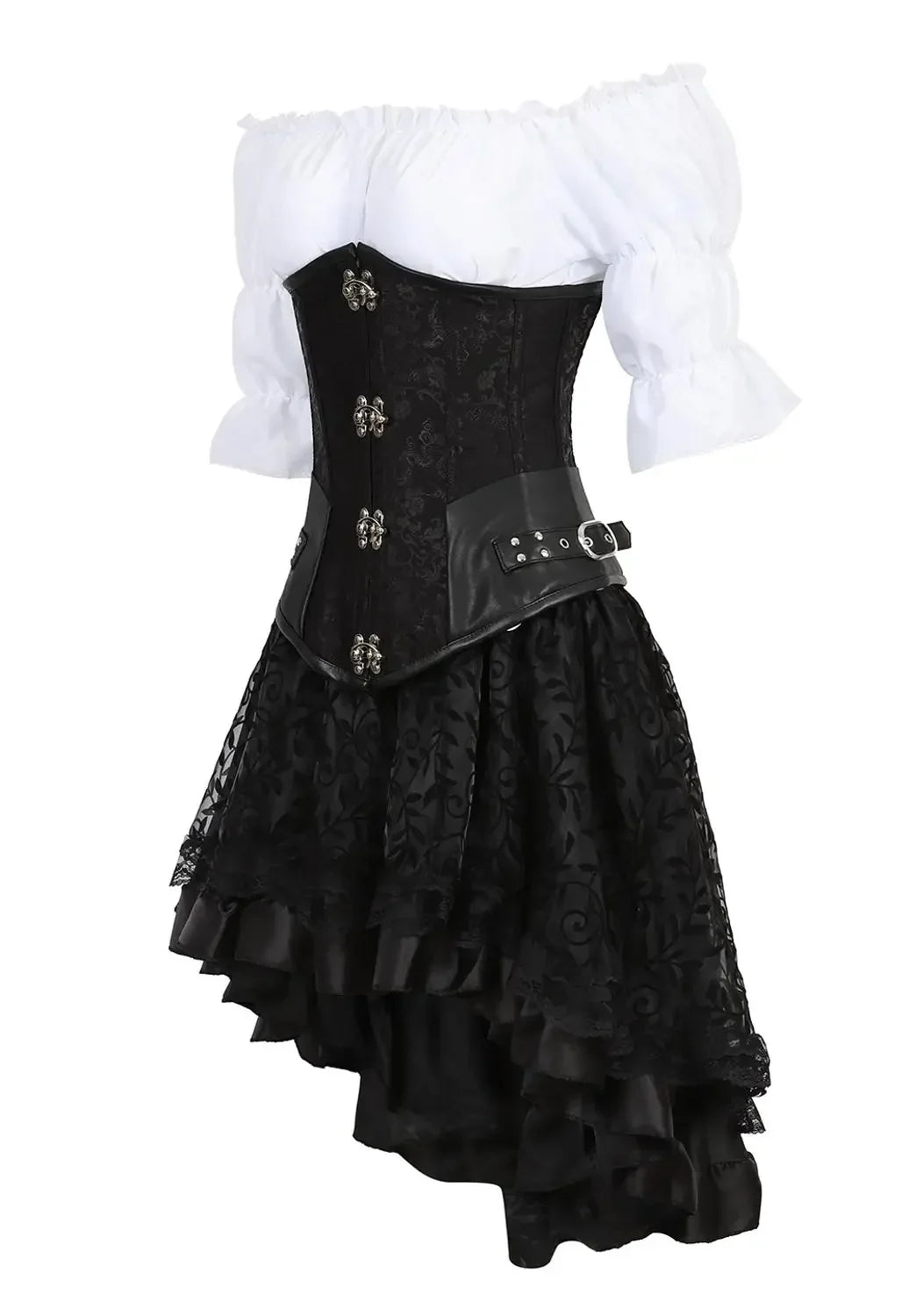 maoxiangshop - Leather Corset Plus Size 3 Piece Outfits for Women Steampunk Steel Boned Bustier Underbust Skirt Blouse Set Pirate Rave Costume
