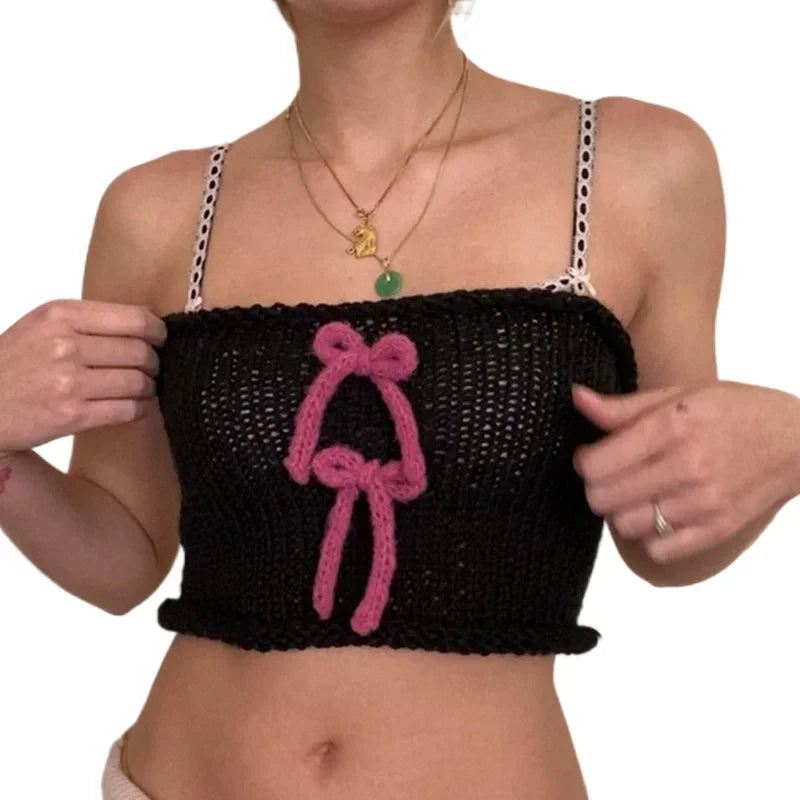 maoxiangshop - Y2K Cute Bow Knitted Crop Tops E-girl Kawaii Slim Fit Vest Fairycore Vintage Chic Women Backless Camis 00s Retro Streetwear