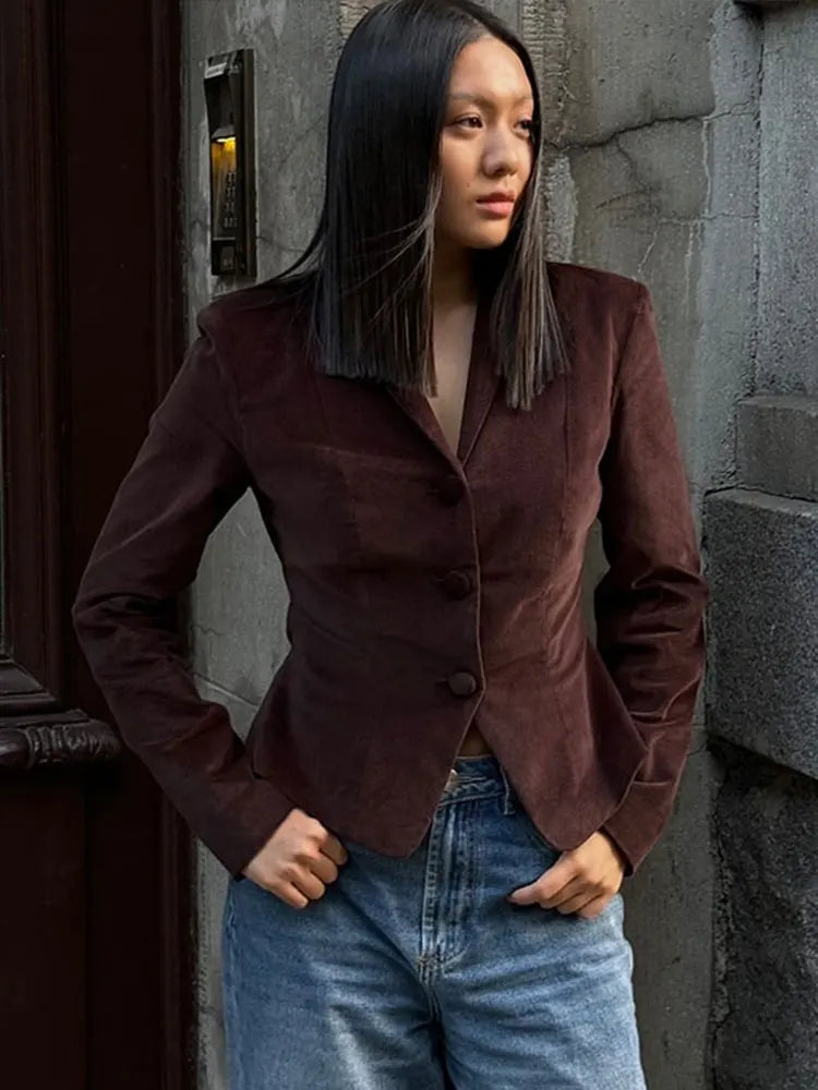 maoxiangshop - Vintage Velvet Stand Collar Short Coat Women Elegant Slim Solid V-neck Single-Breasted Coats Female Autumn Fashion Streetwear