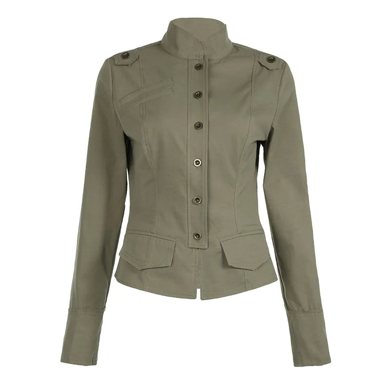 Stand Collar Button Up Cargo Jacket Coat Y2k Streetwear Long Sleeve Top 2024 Autumn Women Clothing P84-DI23