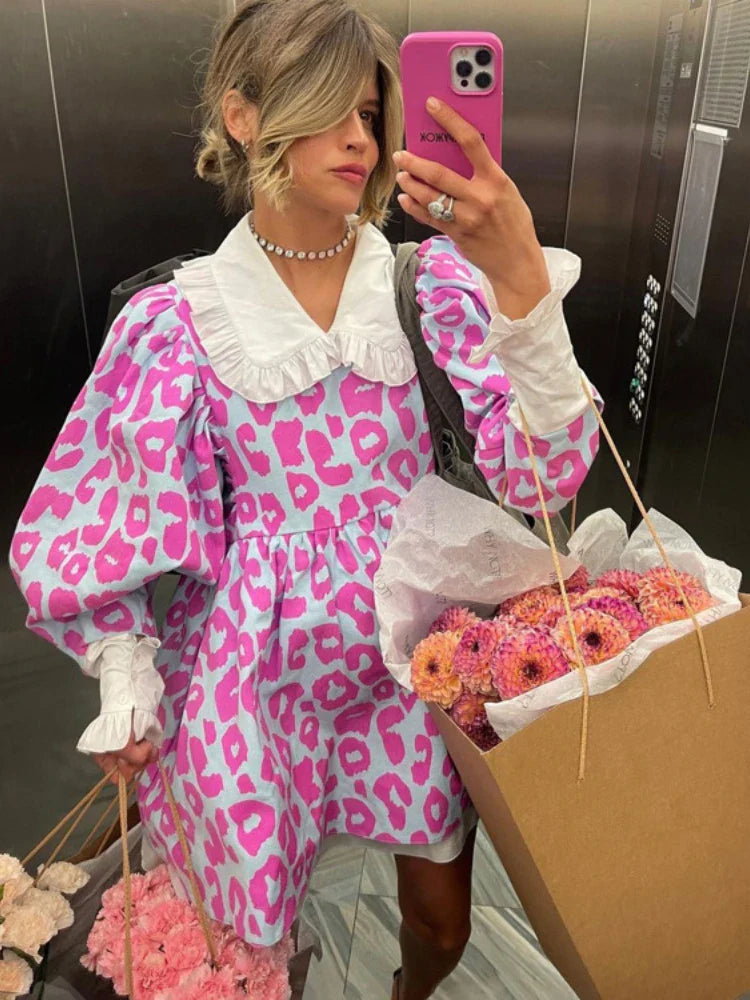 maoxiangshop - Women Vintage Printed Mini Dress Autumn New Fashion Long Sleeve Dresses High Waist Printed A- Line Doll Collar Poncho Dress