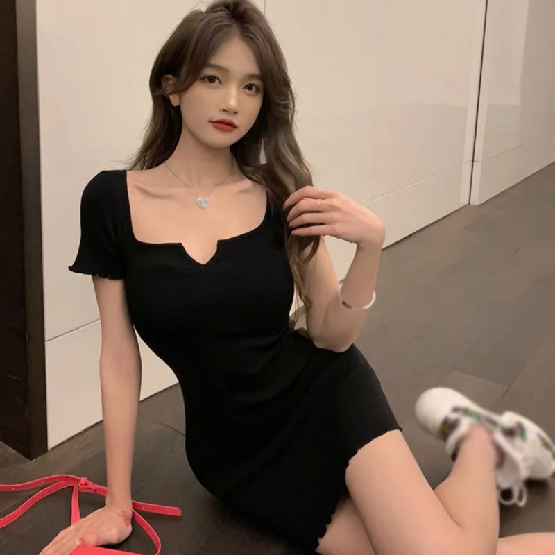 maoxiangshop Women Summer Mini Dress Sexy Hot Girls T ShirtSlim Hip Slim Short Rose Red V-neck Hot Sexy Korean Women Tops