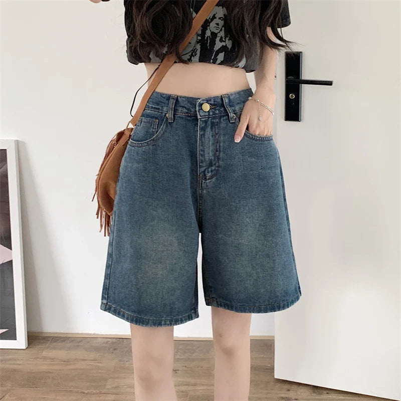 maoxiangshop Y2k Baggy Shorts Pants Women Summer Vintage Blue Wide Leg Denim Short Korean Fashion Casual Female Knee Length Jeans Mujer