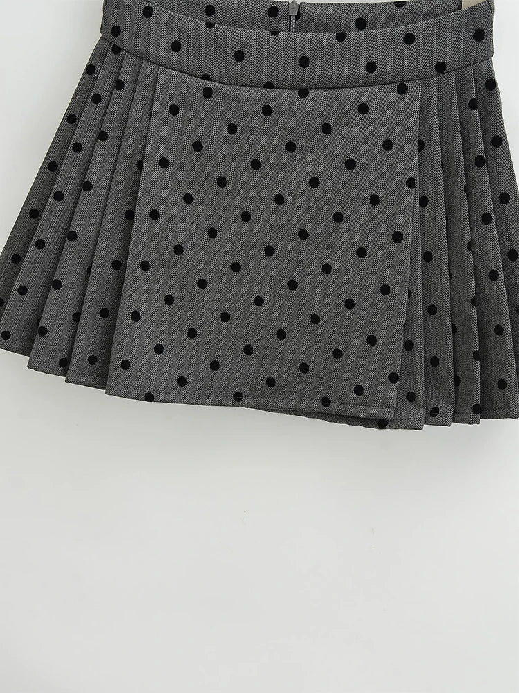 maoxiangshop - 2024 Women Fashion Sweet Polka Dot Chic Pleated Mini Skirt Preppy Style Mid Waist Short Skirts Cute Split Skorts