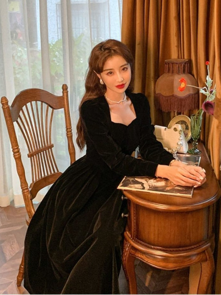 maoxiangshop Winter Black Velvet Dress Women France Vintage Party Dresses Long Evening Elegant One Piece Dress Korea Female Clothing New