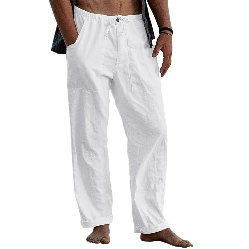 maoxiangshop New Men's Cotton Linen Pants Summer Solid Color Breathable Linen Trousers Summer elastic waist drawstring loose pants
