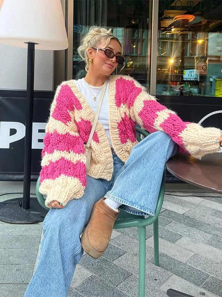 maoxiangshop - Color Blocking Knitted Cardigan For Women Casual Loose Long Sleeve Crop Sweater Female Streetwear Fashion Autumn Winter