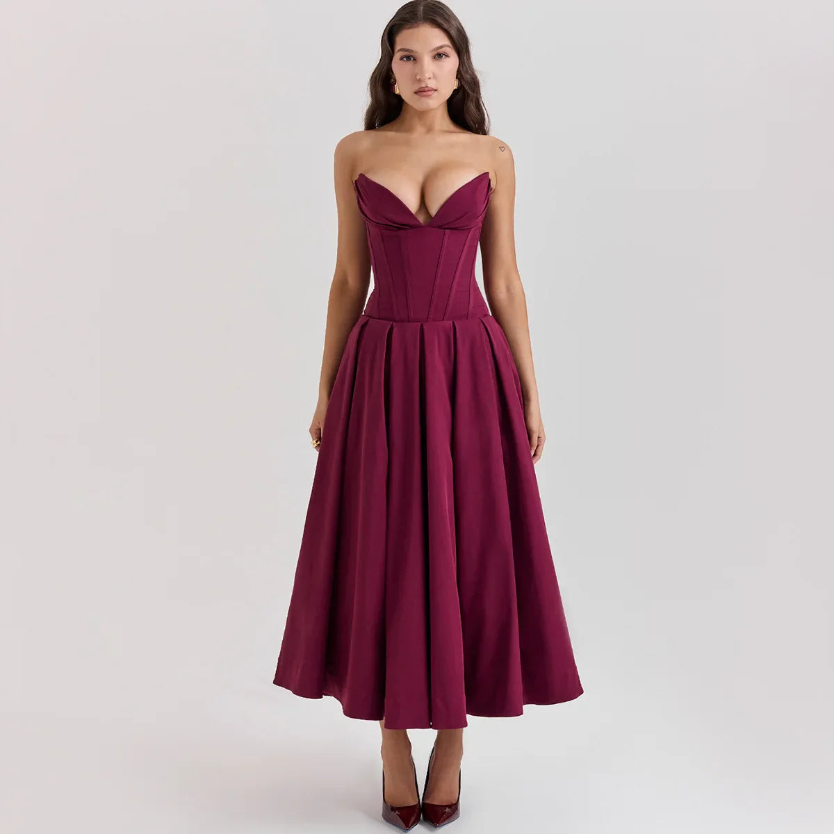 Elegant Strapless Formal Occasion Dress Summer Midi Birthday Party Dresses Red Wedding Guess Dress Women's Clothing