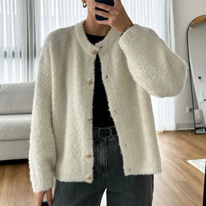 maoxiangshop - Knitted Solid Women Cardigan O-neck Single-breasted Female Sweater 2024 Autumn Winter Long Sleeve Elegant Ladies Knitwear
