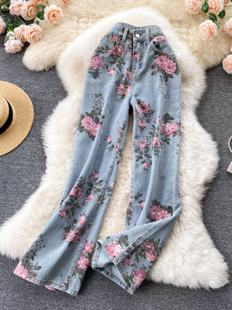 maoxiangshop Flowers Print Jeans Women Vintage High Waist Denim Long Pants Fashion Autumn Casual Wide Leg Full Length Denim Trousers