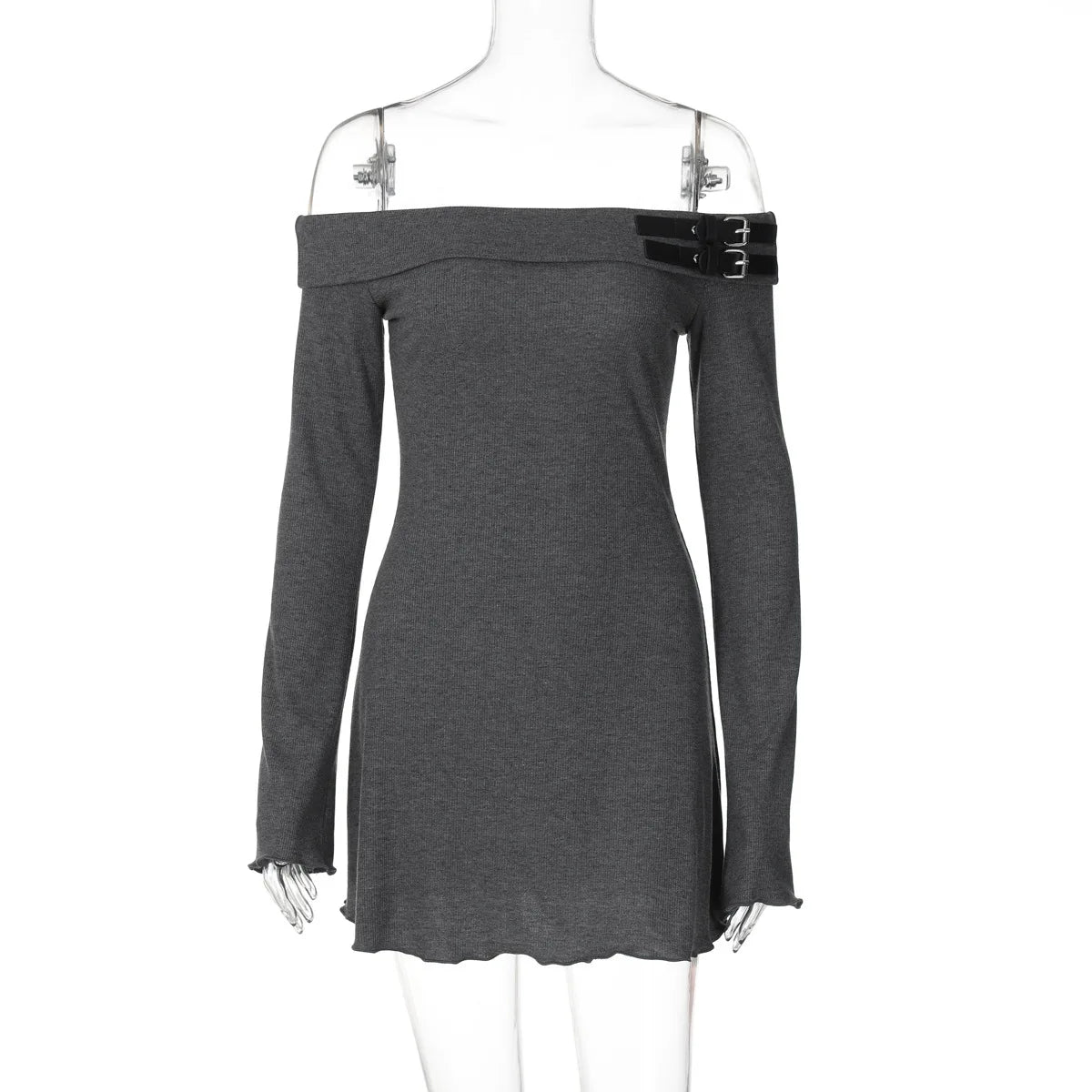 maoxiangshop - Knitted Spliced Belt Mini Dress Women Off Shoulder Long Sleeve Solid Slim Short Dress Autumn/Winter Hottie Streetwear