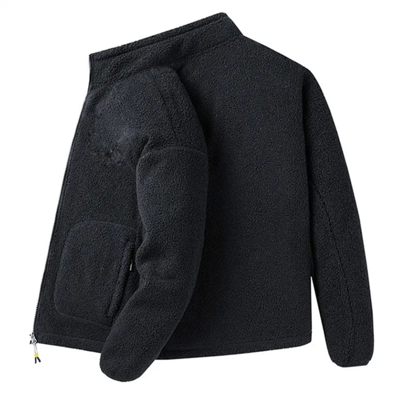 maoxiangshop Winter Fleece Jackets Men Solid Color Loose Casual Warm Coat Mens Stand Collar Outerwear Jacket Harajuku Streetwear Plus Size