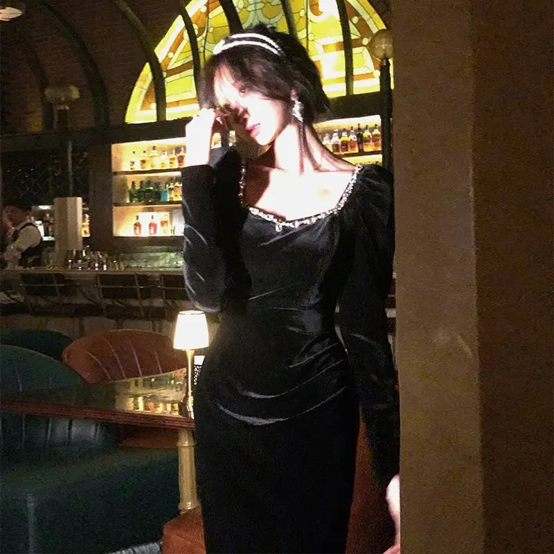 maoxiangshop - Spring Korea Fashion Evening Party Dress Woman Casual Black Velvet Midi Dress Slim Long Sleeve Vintage Dress Elegant Female