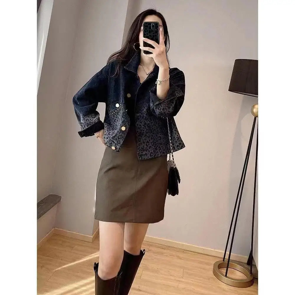 Jackets Women Spring Autumn Denim Jacket Blue Black Jean Jacket Streetwear Vintage Leopard Short Tops Korean Loose Cowboy Jacket