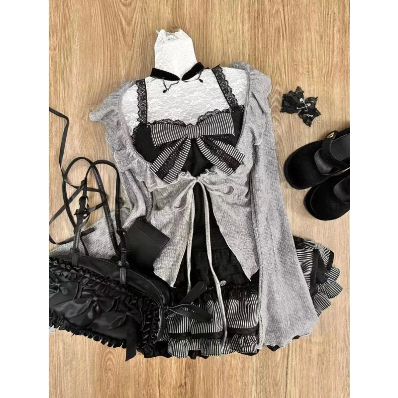 maoxiangshop - Sweet Lolita Lace Up Ruffles Cardigan+ Sexy Slim Fit Strapless Vest Tops+ High Waist Ruched Skirts Early Autumn Three Piece Sets
