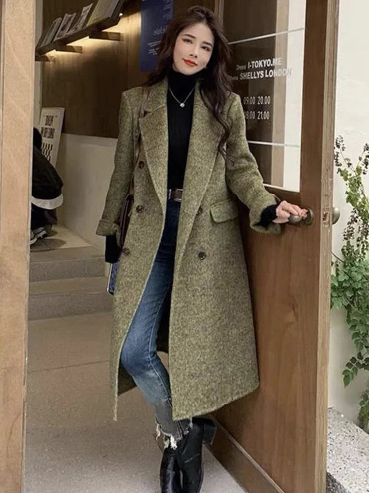 maoxiangshop - 2024 Autumn Winter Fashion Woolen Coat Women's Clothing Solid Color Lapel Double Breasted Loose Long Overcoat Lady Jacket