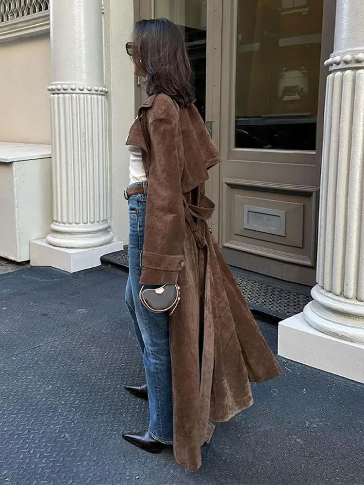 maoxiangshop - Fashion Solid With Belt Suede Long Jacket 2024 Women Chic Button Lapel Oversize Loose Overcoat Autumn Female High Street Coat