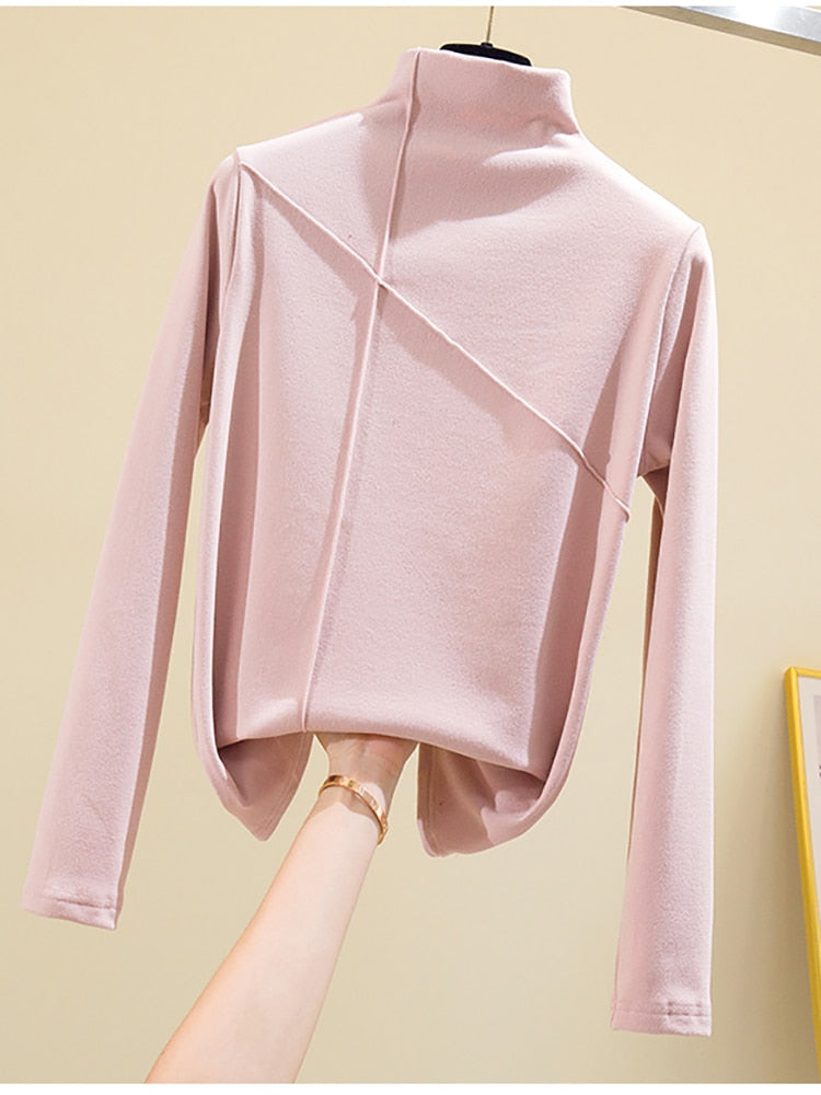 maoxiangshop Long Sleeve Thick T Shirt Women Winter Tops Turtleneck Warm T-Shirt Korean Cotton Tshirt Woman Tee Shirt Femme Pink Blue