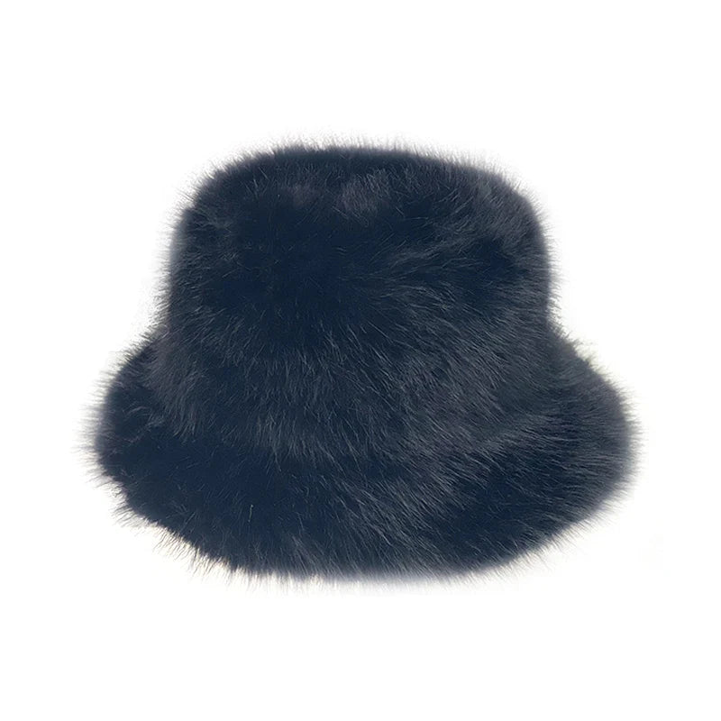 maoxiangshop - Fluffy Fur Bucket Hat for Women Imitation Mink Hair Warm Basin Cap Thickened Plush Winter Hats Lady Fashion Panama Fisherman Cap