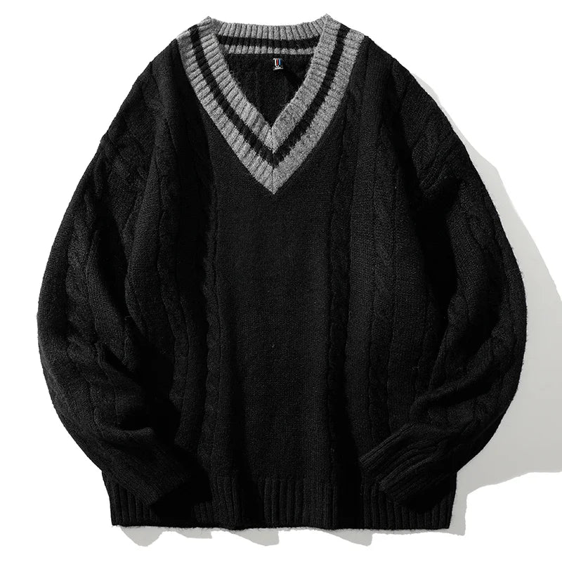 Matching V-neck Section Men's Knitted Sweater Ribbed Hem Fashion Splicing Pullover Korean Loose Autumn Knit Sweater