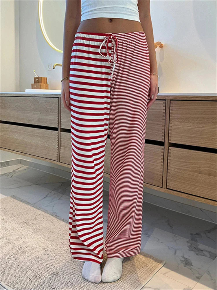 maoxiangshop - Y2K American Striped Loose Casual Pants Women Low Rise Lacing Straight Leg Pants Female Autumn Winter Street New Trousers