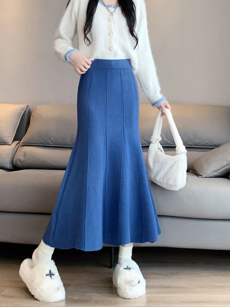 maoxiangshop Knitted Long Skirt for Women Fashion Korean Autumn Winter Ankle-Length Casual Slim Midi Skirt Solid Elegant Women's Skirts