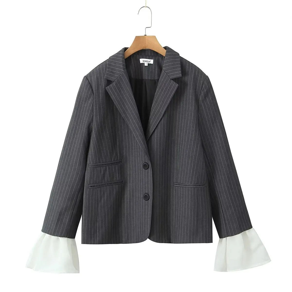 maoxiangshop - Fall New Striped Blazer Coat For Women With Detachable Splice Flare Long Sleeve Casual High Street Lapel Female Blazer